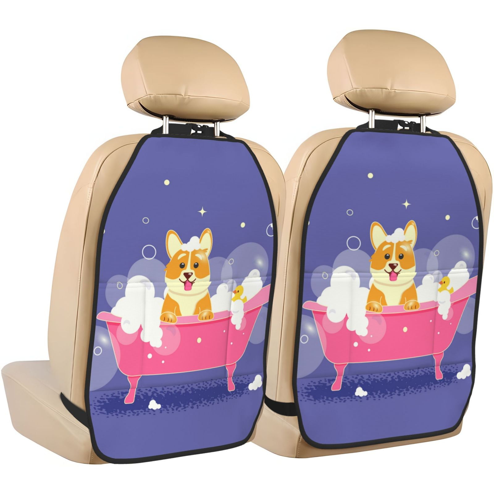 Kdxio Dog Washes in a Bath Print 2 Pack Car Kick Mat Seat Cover Back Protector Mat with Pockets for Organizer Backseat Protector and Storage Anti Kick Pad for Vehicles