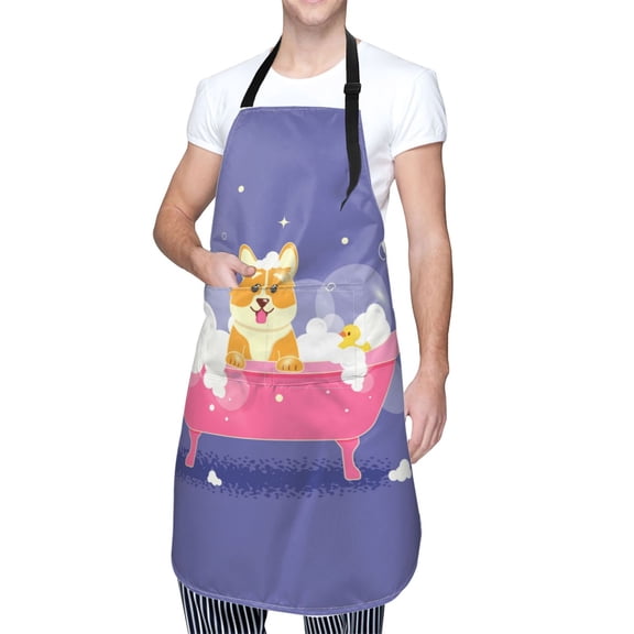 Kdxio Dog Washes in a Pink Bath Apron with Pockets Adjustable Kitchen Aprons for Men Women Waterproof Aprons for Cooking,Drawing,Crafting, Baking Household Cleaning