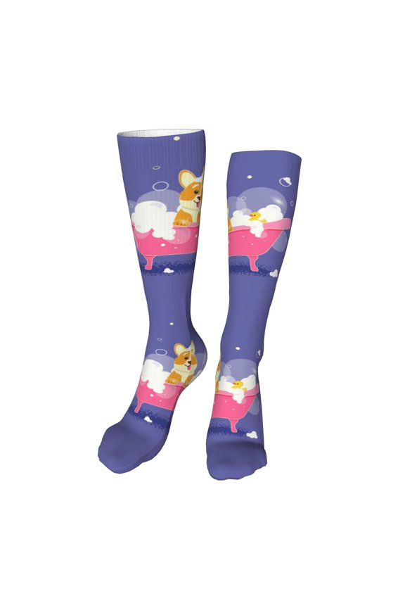 Dog Washes in a Bath Funny Silky Novelty Funky Long Knee High Socks Soft 3D Print Cosplay Crazy Stockings for Men Women