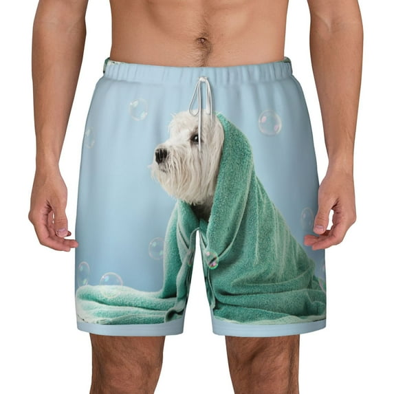 Kdxio Dog Wrapped In Towel Print Men'S Swim Trunks With Compression Liner 7 Inch Inseam Quick Dry Swim Shorts
