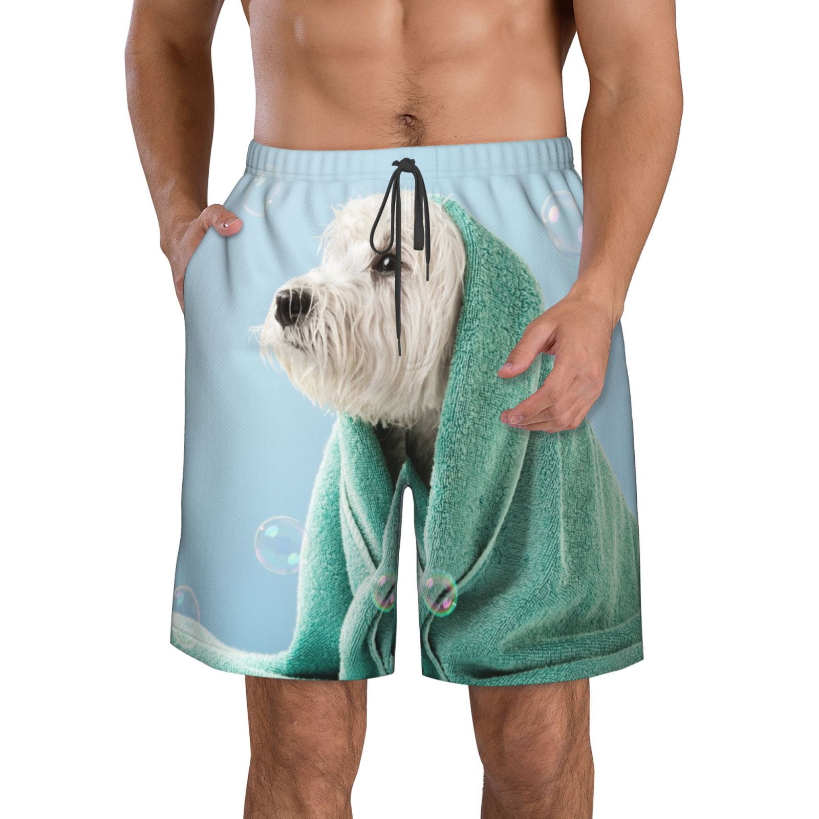 Kdxio Dog Wrapped in Towel Pattern Mens Casual Shorts Drawstring