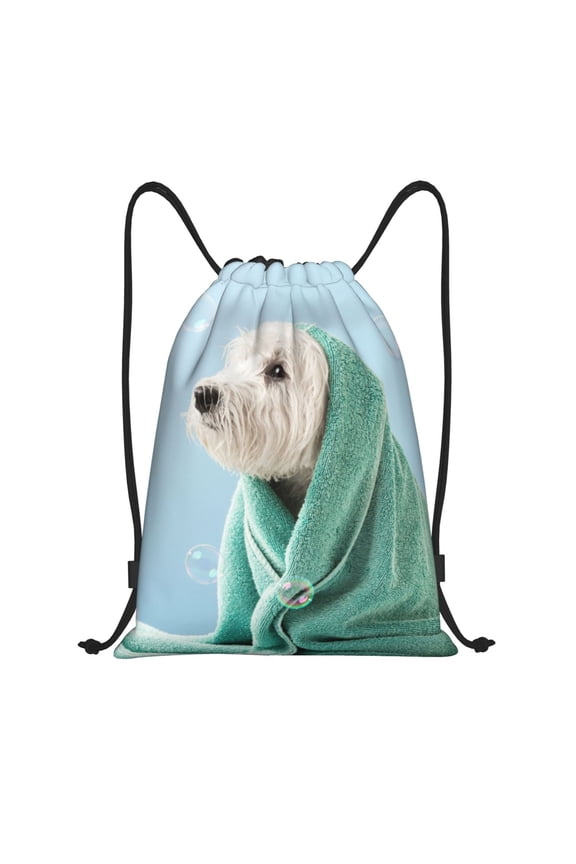 Dog Wrapped in Towel Print Drawstring Backpack Bag,Waterproof Draw String Back Sack, Gym Drawstring Bags Swim Bag For Unisex