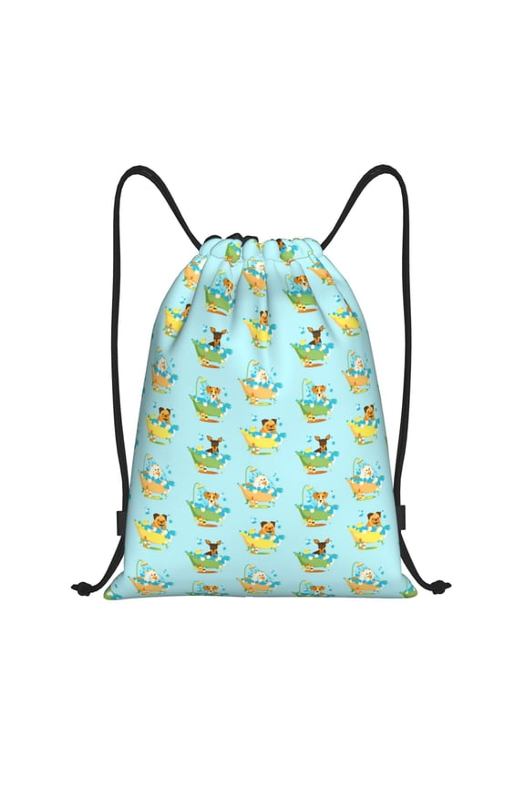 Doggy In Bubble Bath Print Drawstring Backpack Bag,Waterproof Draw String Back Sack, Gym Drawstring Bags Swim Bag For Unisex