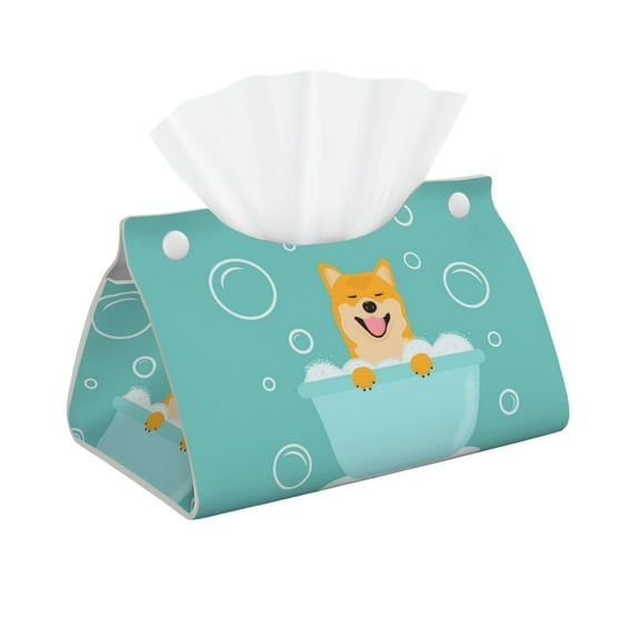 Kdxio Dogs Loves Bath Print Tissue Box Cover,Modern PU Leather Rectangular Tissue Box Holder for Bathroom Living Room Bedroom Office Desk Car Home