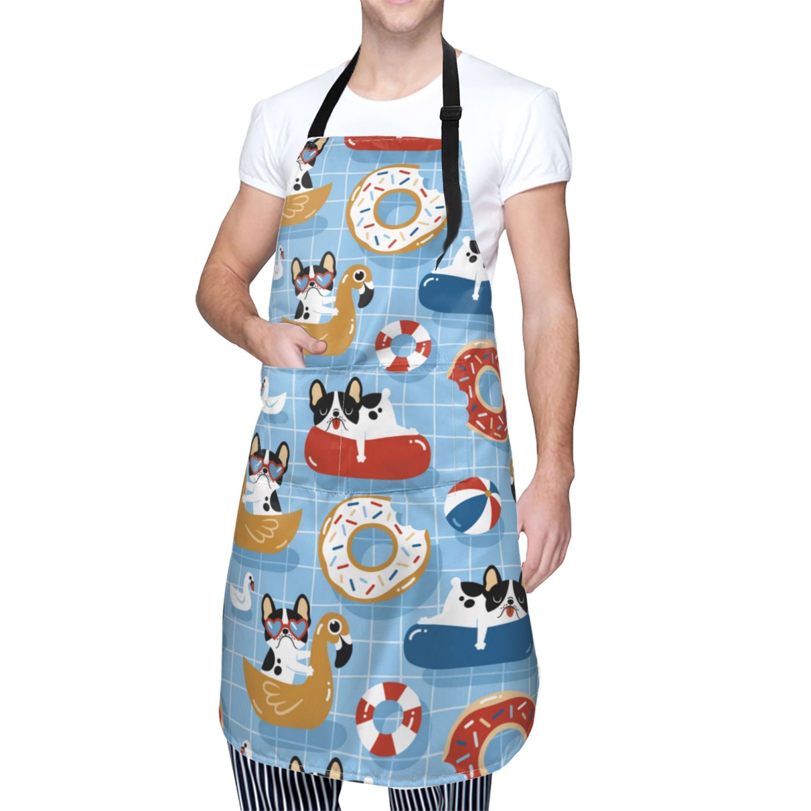 Kdxio Dogs With Pool Floats Apron with Pockets Adjustable Kitchen Aprons for Men Women Waterproof Aprons for Cooking,Drawing,Crafting, Baking Household Cleaning