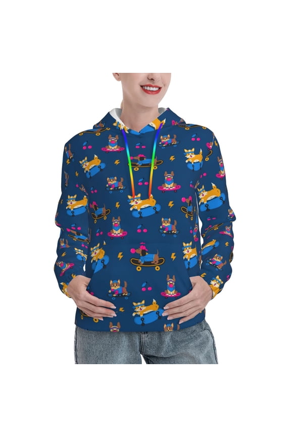 Dogs Riding Skateboard Print Womens Oversized Hoodies Sweatshirts Hooded Pullover Tops Sweaters Casual-Large