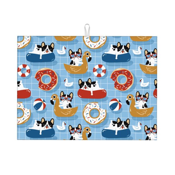Kdxio Dogs With Pool Floats for Dish Drying Mat,24*18 inch Absorbent Dish Drainer Kitchen Counter,Large Size Dish Drying Pad for Countertops,Draining Racks
