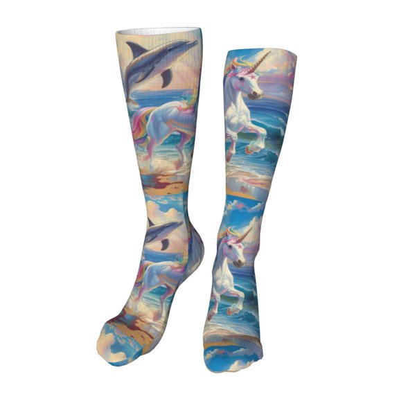 Kdxio Dolphin Rainbow Horse Funny Silky Novelty Funky Long Knee High Socks Soft 3D Print Cosplay Crazy Stockings for Men Women