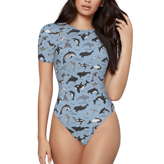 Kdxio Dolphins for Women's Short-Sleeved Onesie Stylish Round Neck Pajamas Bodysuit Jumpsuit Nightwear-XX-Large