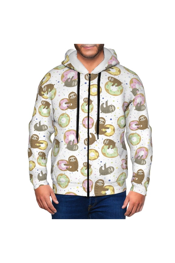 Donut Sloth Print Men Hoodies Casual Hoodies for Men with Zip Pockets Full Zip Long Sleeve Sweatshirt Sports Hooded Jacket-Large