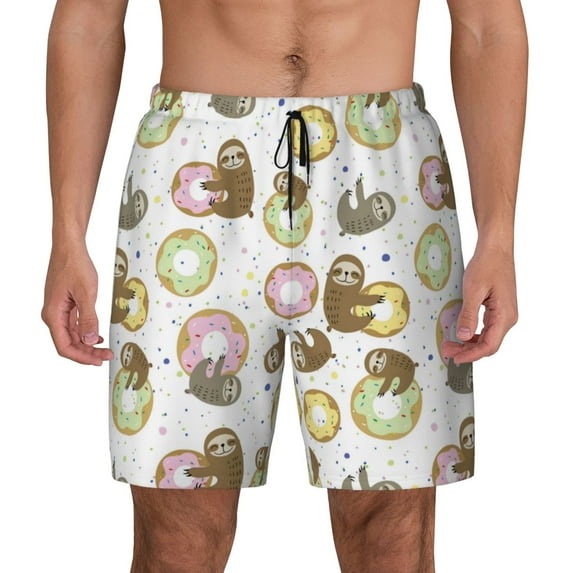 Kdxio Donut Sloth Print Men's Swim Trunks with Compression Liner 7 Inch Inseam Quick Dry Swim Shorts