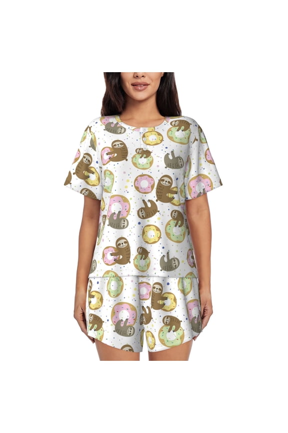 Donut Sloth Print Pajamas Sets for Women Short-Sleeved Pjs with Lounge Shorts Two Piece Sleepwear S-4XL