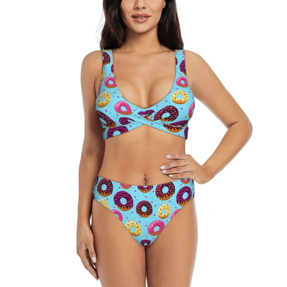 Kdxio Donuts Print Women's 2 Piece High Waisted Wrap Spaghetti Strap Summer Swimsuit Bikini Set-Large
