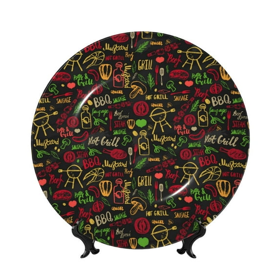 Kdxio Doodle Barbeque 1 Bone China Decorative Plate Ceramic Decorative Plate for Home Office Wall Stand Decorative Plates for Home Bedroom-7in
