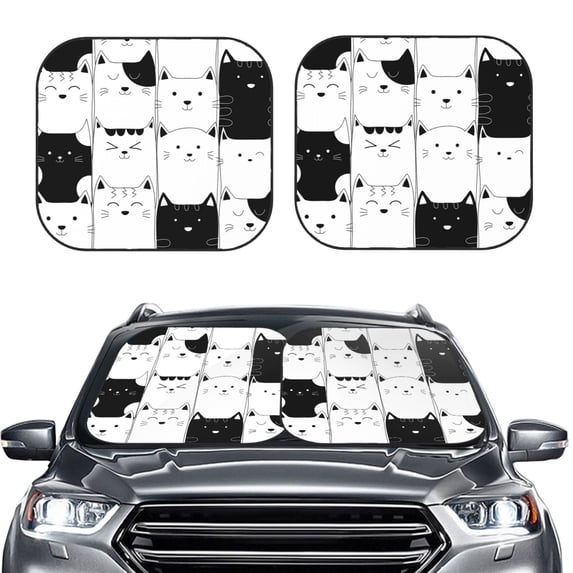 Kdxio Doodle Cute Cat Print 2-Piece Sun Shade Front Windshield - Foldable Car Front Window Sunshades For Most Sedans Suv Truck