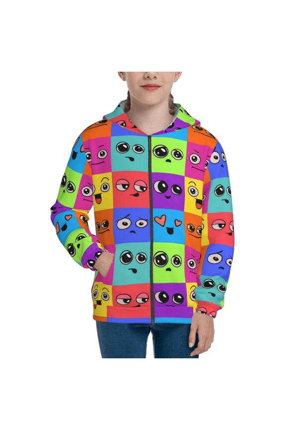 Doodle Faces Emotions Pattern Kids Boys Girls Zip Up Hoodie 3D Printed Hooded Sweatshirt Hoody Coat with Pocket 7-12 Y-Medium