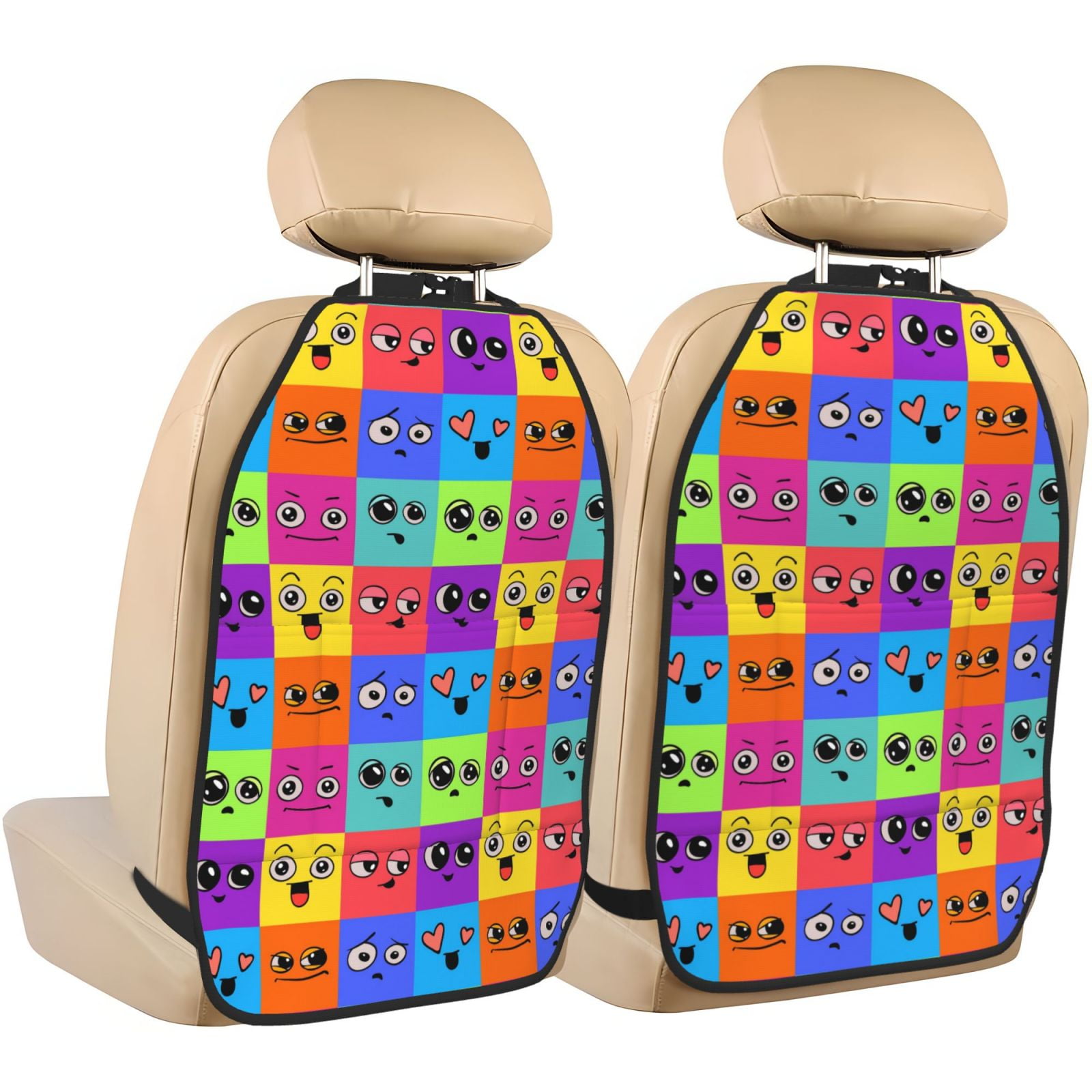 Kdxio Doodle Faces Emotions Print 2 Pack Car Kick Mat Seat Cover Back Protector Mat with Pockets for Organizer Backseat Protector and Storage Anti Kick Pad for Vehicles