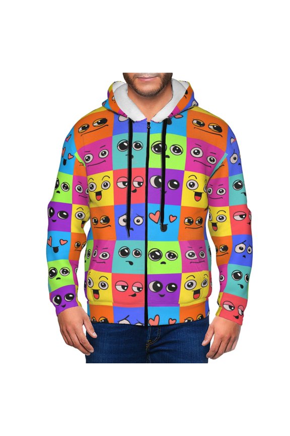 Doodle Faces Emotions Print Men Hoodies Casual Hoodies for Men with Zip Pockets Full Zip Long Sleeve Sweatshirt Sports Hooded Jacket-Large