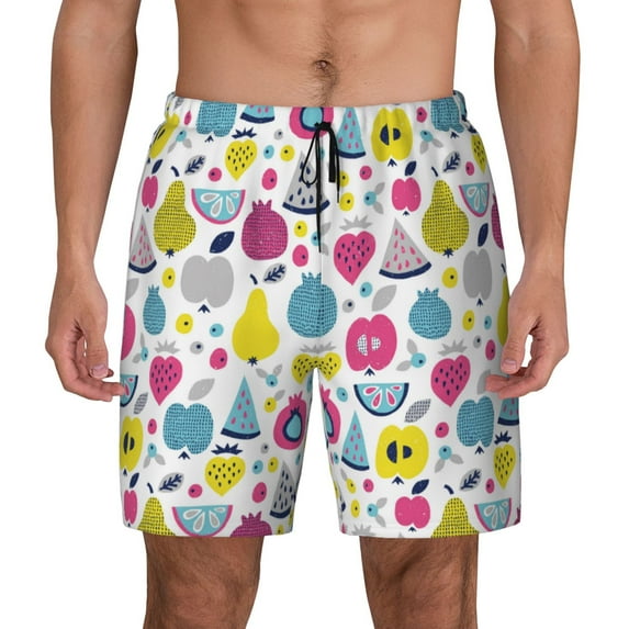 Kdxio Doodle Fruits Print Men's Swim Trunks with Compression Liner 7 Inch Inseam Quick Dry Swim Shorts