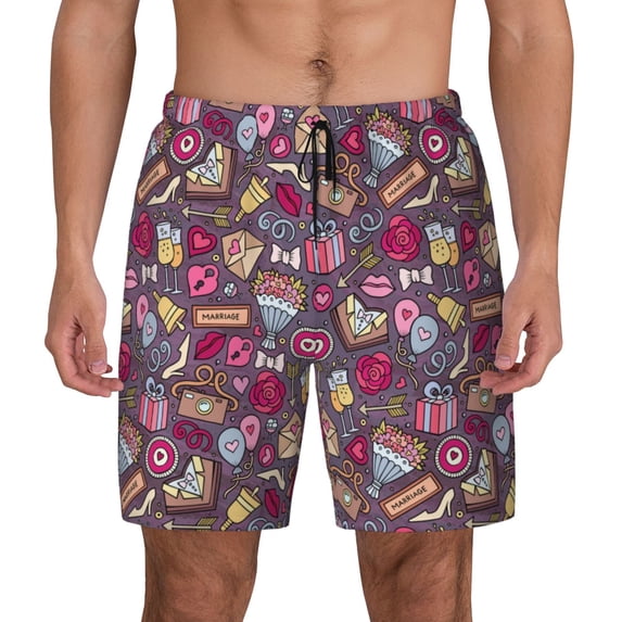 Kdxio Doodles Wedding Print Men's Swim Trunks with Compression Liner 7 Inch Inseam Quick Dry Swim Shorts