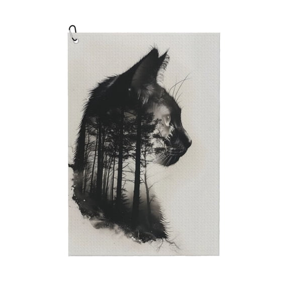 Kdxio Double Exposure Cat Forest Pattern Golf Towel (24" X 16") with Carabiner Clip - The Convenient Golf Cleaning Towel