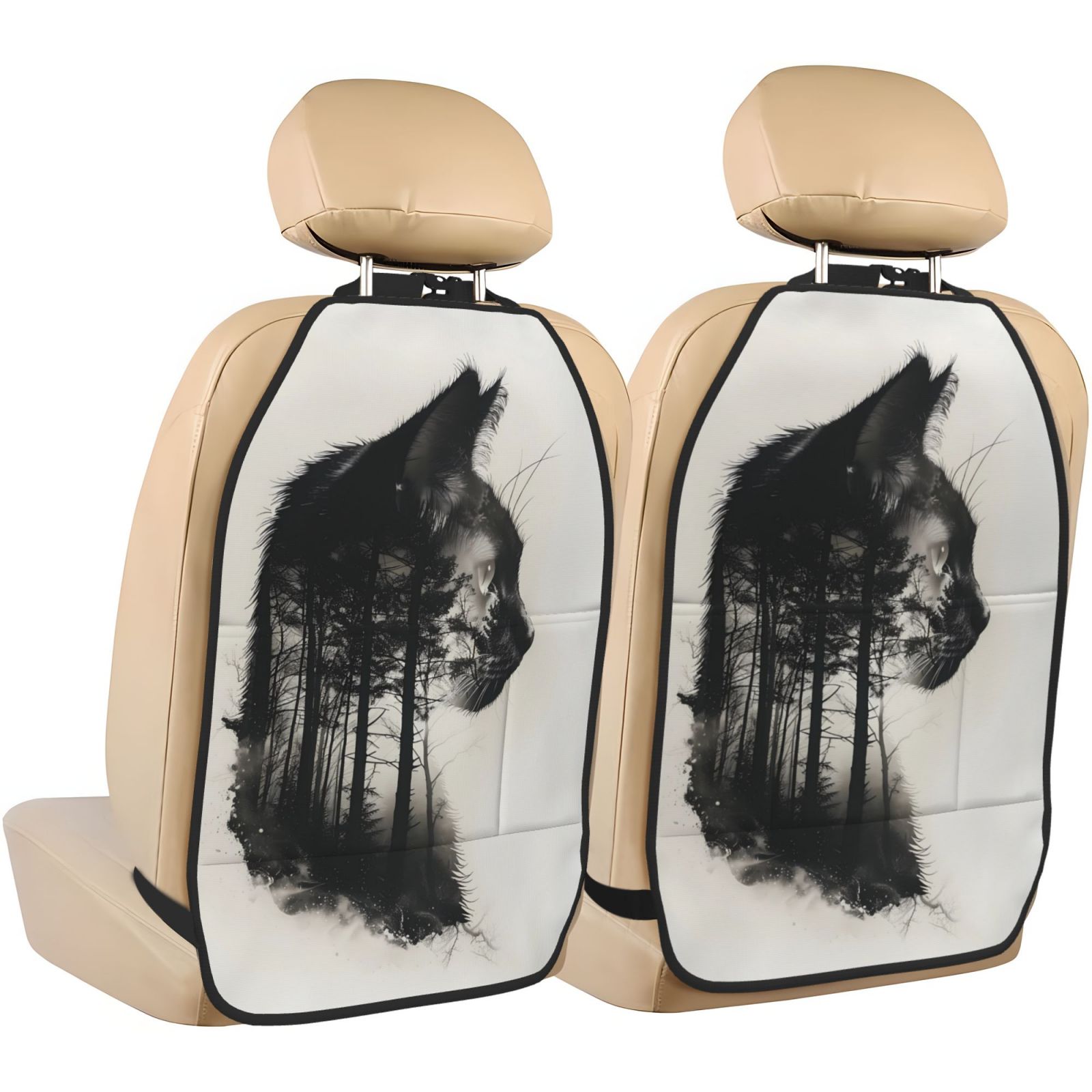 Kdxio Double Exposure Cat Forest Print 2 Pack Car Kick Mat Seat Cover Back Protector Mat with Pockets for Organizer Backseat Protector and Storage Anti Kick Pad for Vehicles