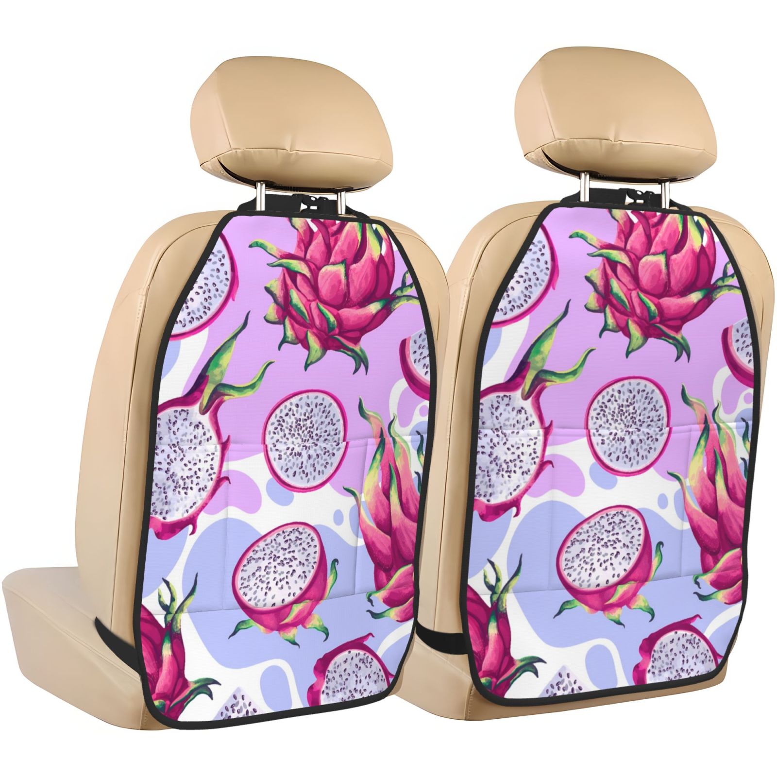 Kdxio Dragon Fruit Print 2 Pack Car Kick Mat Seat Cover Back Protector Mat with Pockets for Organizer Backseat Protector and Storage Anti Kick Pad for Vehicles
