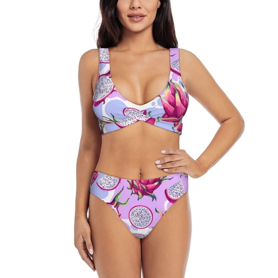 Kdxio Dragon Fruit Print Women's 2 Piece High Waisted Wrap Spaghetti Strap Summer Swimsuit Bikini Set-X-Large