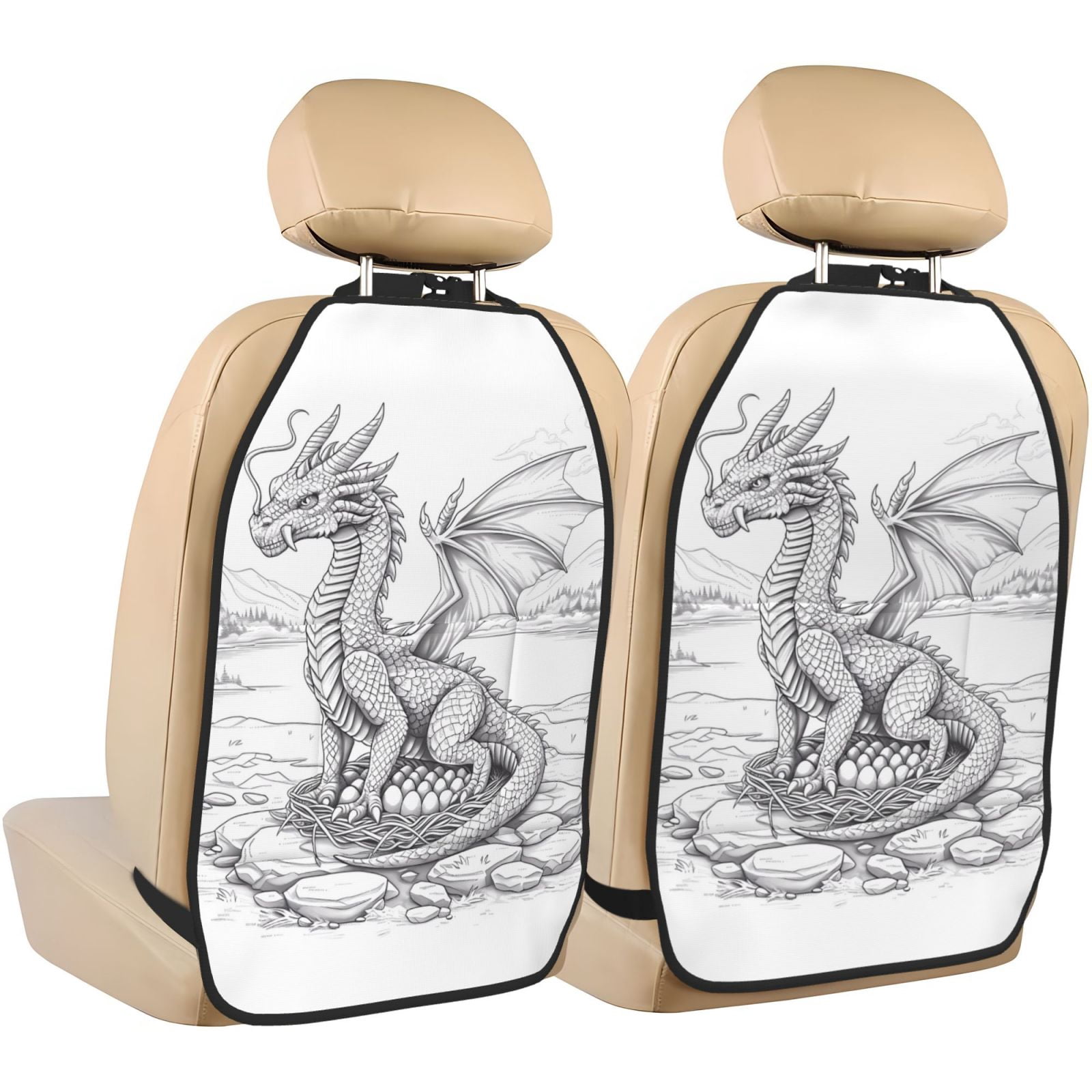 Kdxio Dragon Nest Sketch Print 2 Pack Car Kick Mat Seat Cover Back Protector Mat with Pockets for Organizer Backseat Protector and Storage Anti Kick Pad for Vehicles