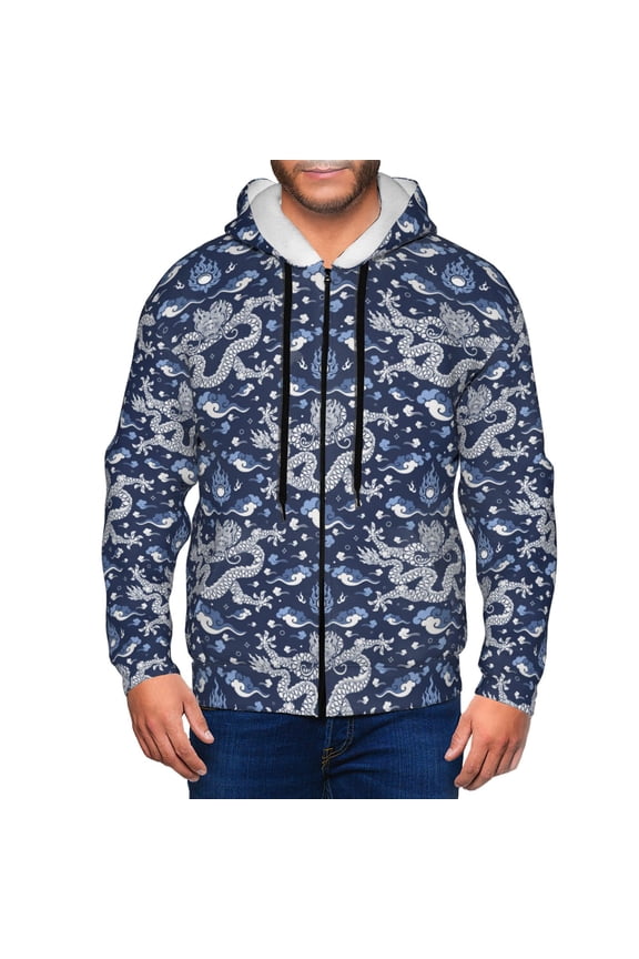 Dragon Print Men Hoodies Casual Hoodies for Men with Zip Pockets Full Zip Long Sleeve Sweatshirt Sports Hooded Jacket-Large