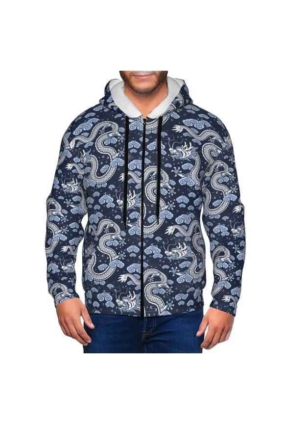 Dragon Print Men Hoodies Casual Hoodies for Men with Zip Pockets Full Zip Long Sleeve Sweatshirt Sports Hooded Jacket-Medium