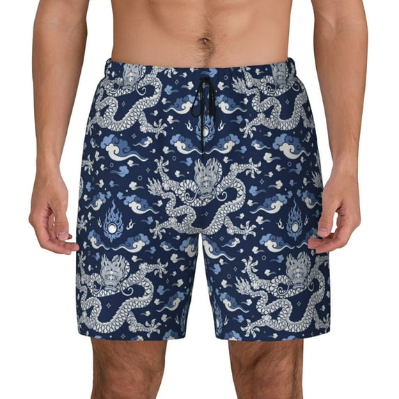 Kdxio Dragon Print Men's Swim Trunks with Compression Liner 7 Inch Inseam Quick Dry Swim Shorts