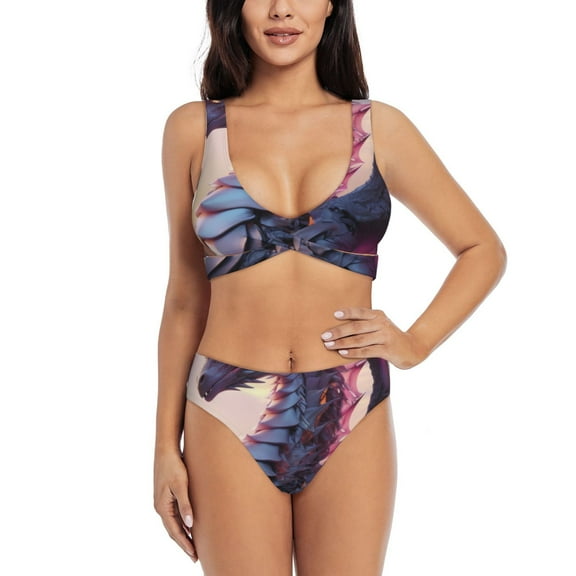 Kdxio Dragon Print Women's 2 Piece High Waisted Wrap Spaghetti Strap Summer Swimsuit Bikini Set-Small