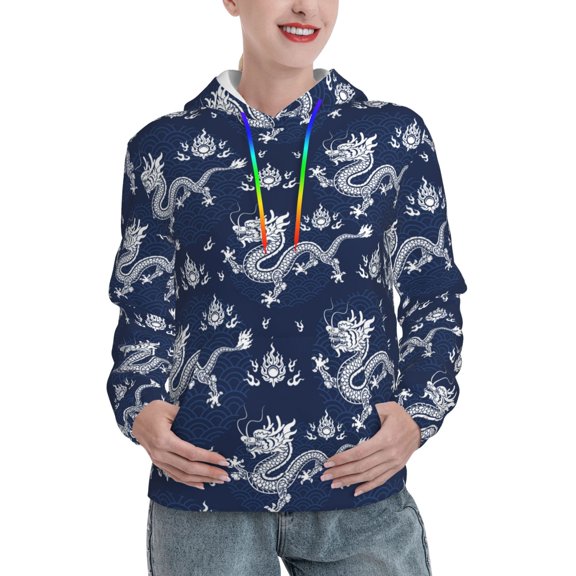 Kdxio Dragon Print Womens Oversized Hoodies Sweatshirts Hooded Pullover Tops Sweaters Casual-Medium