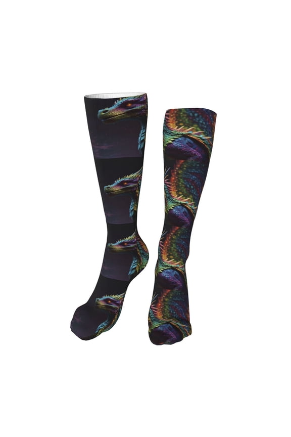 Dragon with Colorful Tail Funny Silky Novelty Funky Long Knee High Socks Soft 3D Print Cosplay Crazy Stockings for Men Women