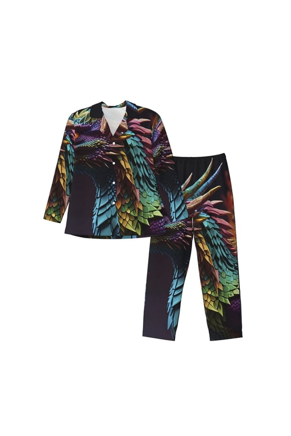 Dragon with Colorful Tail Men’s Pajama Set Pajamas For Men 2 Piece PJ Set with Men Pajama Pants and Long Sleeve T-Shirt Lounge Set-Medium