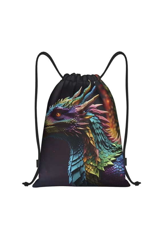 Dragon with Colorful Tail Print Drawstring Backpack Bag,Waterproof Draw String Back Sack, Gym Drawstring Bags Swim Bag For Unisex