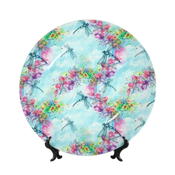 Kdxio Dragonfly Floral Bone China Decorative Plate Ceramic Decorative Plate for Home Office Wall Stand Decorative Plates for Home Bedroom-7in