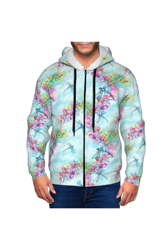 Dragonfly Floral Print Men Hoodies Casual Hoodies for Men with Zip Pockets Full Zip Long Sleeve Sweatshirt Sports Hooded Jacket-Small