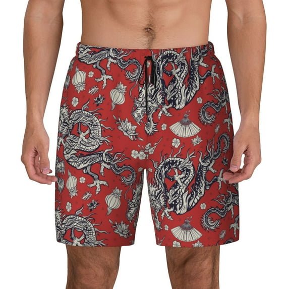 Kdxio Dragons2 Print Men'S Swim Trunks With Compression Liner 7 Inch Inseam Quick Dry Swim Shorts