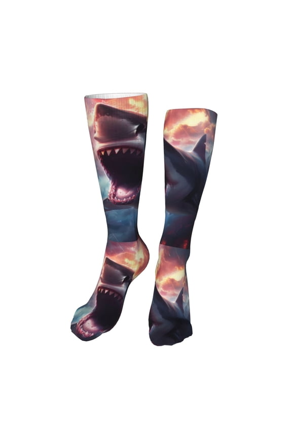 Dramatic Shark Attack Funny Silky Novelty Funky Long Knee High Socks Soft 3D Print Cosplay Crazy Stockings for Men Women
