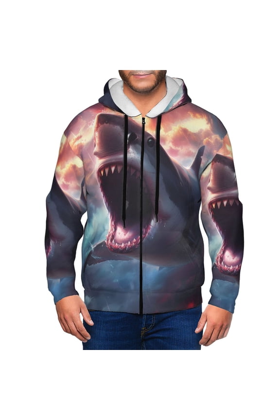 Dramatic Shark Attack Print Men Hoodies Casual Hoodies for Men with Zip Pockets Full Zip Long Sleeve Sweatshirt Sports Hooded Jacket-Medium