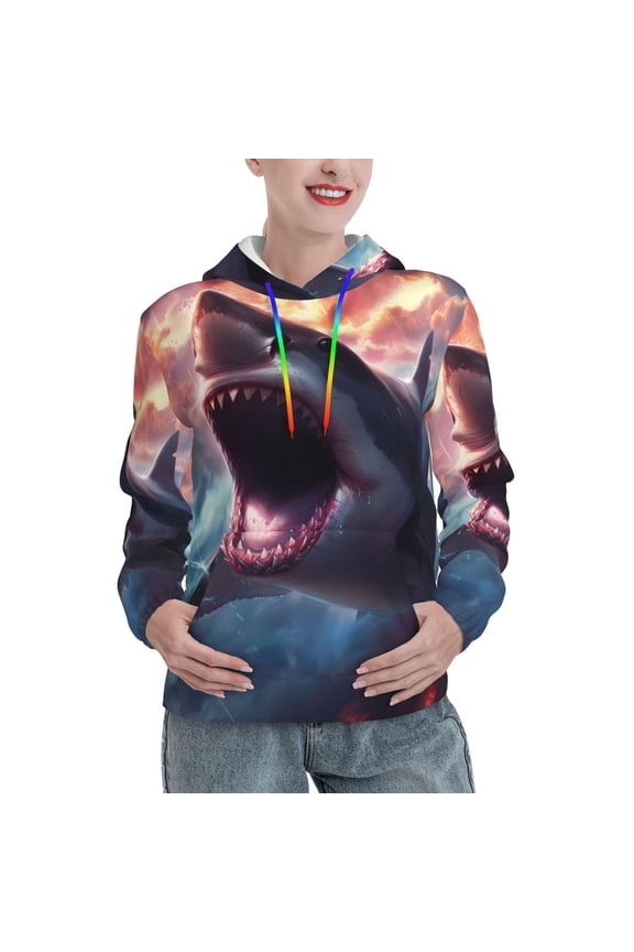 Dramatic Shark Attack Print Womens Oversized Hoodies Sweatshirts Hooded Pullover Tops Sweaters Casual-Medium