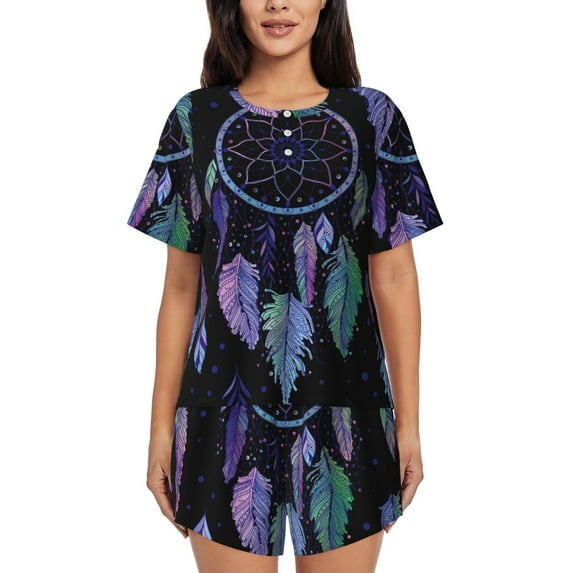 Kdxio Dreamcatcher With Colorful Feathers Print Pajamas Sets for Women Short-Sleeved Pjs with Lounge Shorts Two Piece Sleepwear S-4XL