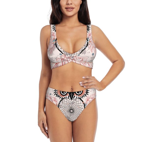 Kdxio Dreamcatcher With Owl Print Women's 2 Piece High Waisted Wrap Spaghetti Strap Summer Swimsuit Bikini Set-XX-Large