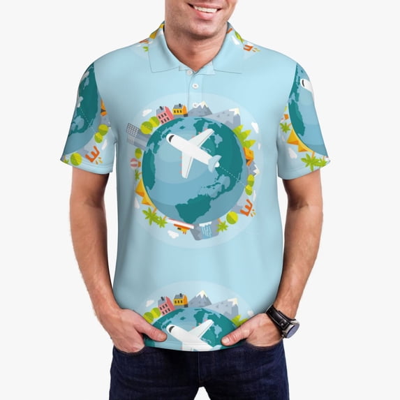 Kdxio Dreaming Travel Print Men's Short Sleeve Polo Shirt,Midweight Men's Shirt