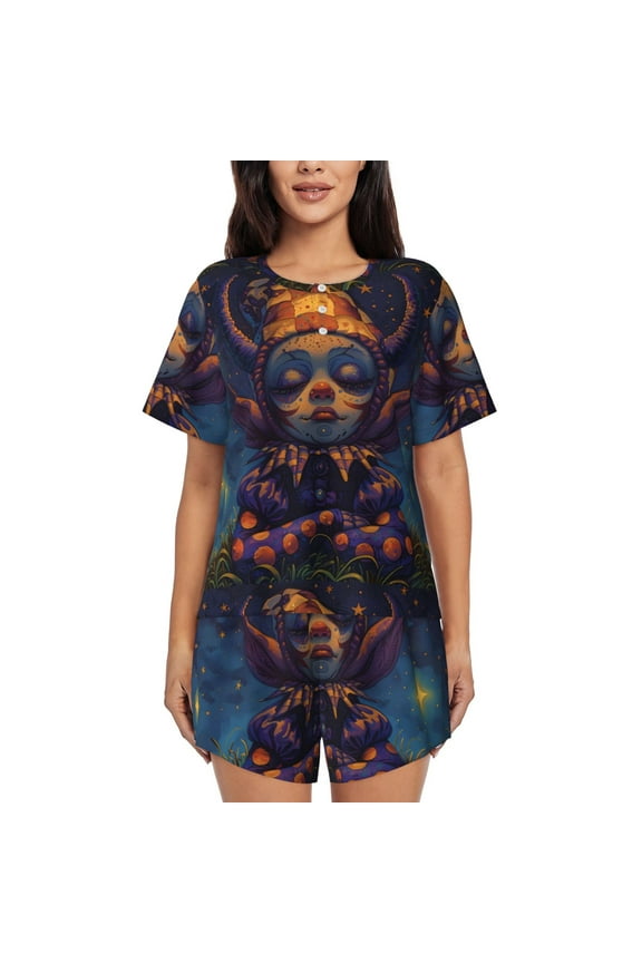 Dreamy Jester Under Stars Print Pajamas Sets for Women Short-Sleeved Pjs with Lounge Shorts Two Piece Sleepwear S-4XL