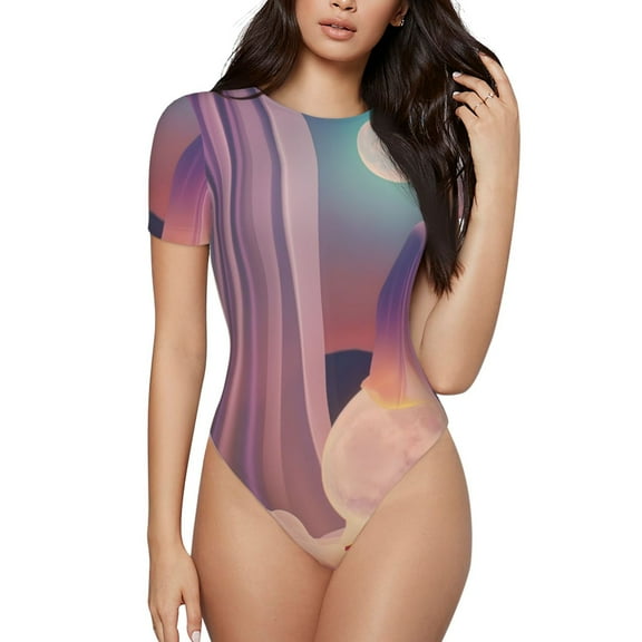 Kdxio Dreamy Moonlit Window for Women's Short-Sleeved Onesie Stylish Round Neck Pajamas Bodysuit Jumpsuit Nightwear-XX-Large