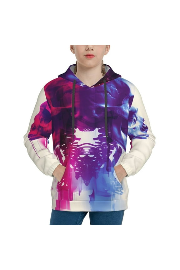 Dual Skulls Colorful Fusion Pattern Boys Athletic Unisex Boys Girls Hoodie with Pocket Sweatshirts-Large