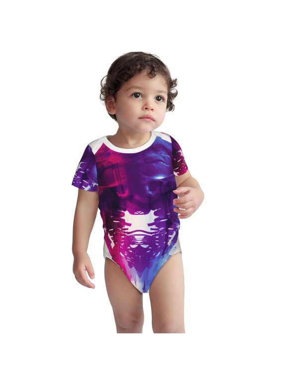 Dual Skulls Colorful Fusion Pattern Unisex Baby Cotton Short Sleeve Bodysuits-3 Months